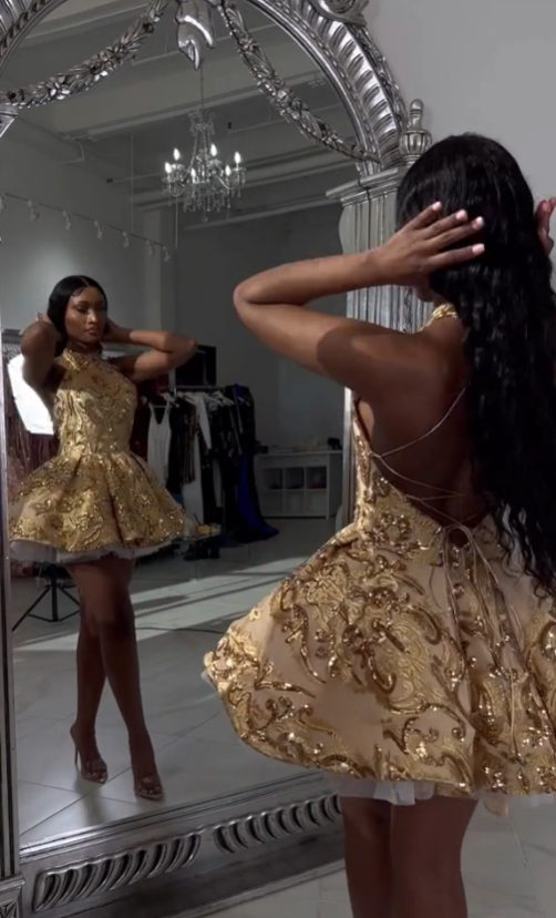 Cute A line Halter Sequin Short Gold Homecoming Dress P2267 – PreppyDress
