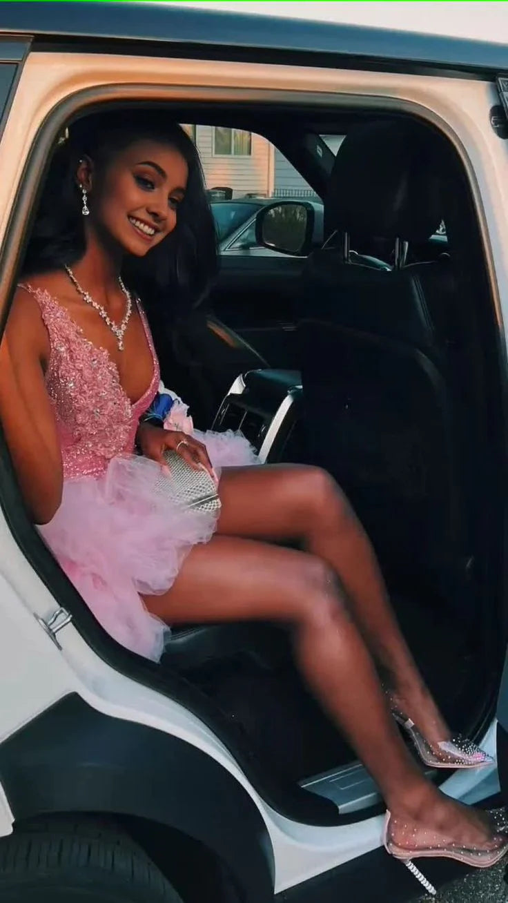 Cute V Neck Pink Short Homecoming Dress Tulle Ruffles Pink Birthday Outfit Dress P2274
