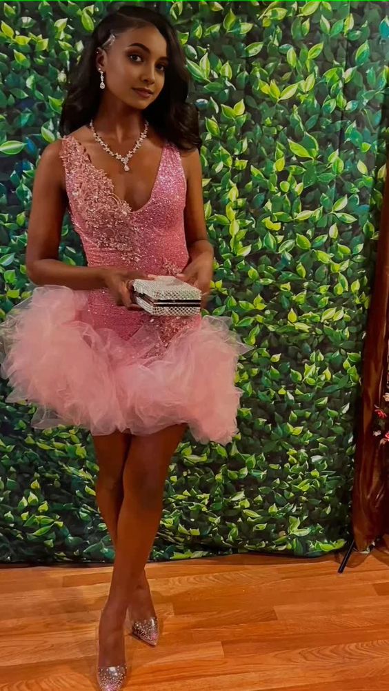 Cute V Neck Pink Short Homecoming Dress Tulle Ruffles Pink Birthday Ou