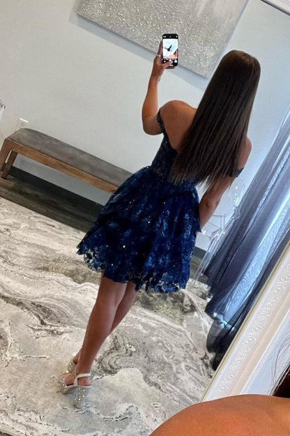 Schulterfreies, transparentes Korsettkleid mit gestuften Rüschen für den Abschlussball P2276