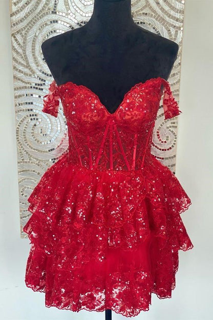 Schulterfreies, transparentes Korsettkleid mit gestuften Rüschen für den Abschlussball P2276