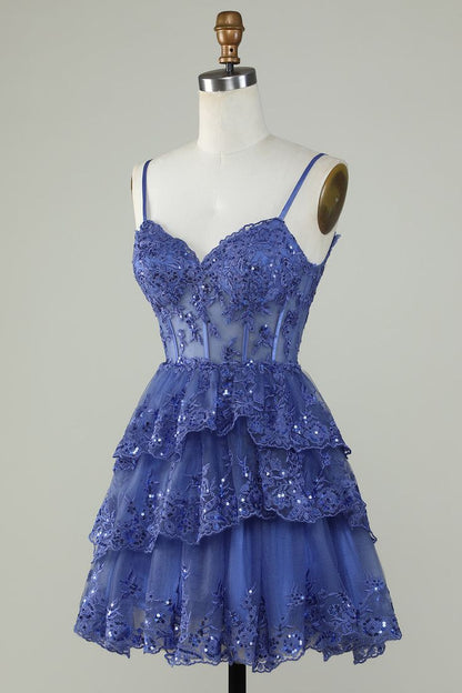 Sexy A-Linie Spitze Kurzes Marineblaues Homecoming-Kleid P2277