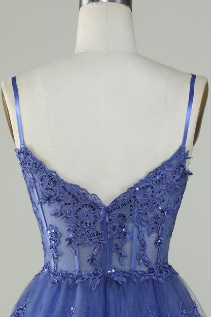 Sexy A-Linie Spitze Kurzes Marineblaues Homecoming-Kleid P2277