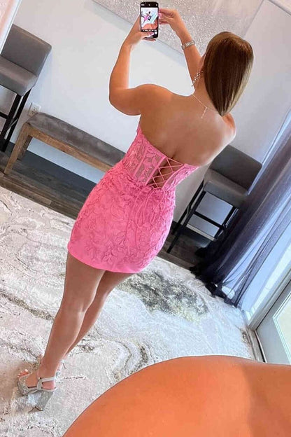 Lace-Up Hot Pink Corset Appliqued Bodycon Homecoming Dress P2283 PreppyDress Lace-Up Hot Pink Corset Appliqued Bodycon Homecoming Dress P2283 PreppyDress