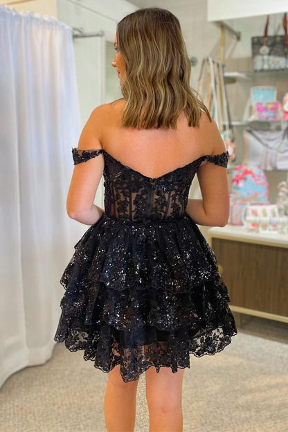 Off the Shoulder Sheer Corset Tiered Ruffles Black Homecoming Dress P2 PreppyDress Off the Shoulder Sheer Corset Tiered Ruffles Black Homecoming Dress P2 PreppyDress