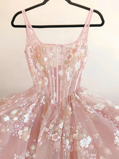 Modest A line Square Neckline Sleeveless Pink Floral Lace Floor Length PreppyDress Modest A line Square Neckline Sleeveless Pink Floral Lace Floor Length PreppyDress