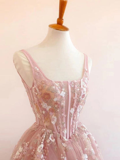 Bescheidene A-Linie, eckiger Ausschnitt, ärmellos, pinkfarbene Blumen-Spitze, bodenlanges Ballkleid P2299
