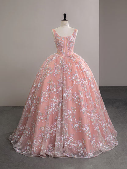 Bescheidene A-Linie, eckiger Ausschnitt, ärmellos, pinkfarbene Blumen-Spitze, bodenlanges Ballkleid P2299