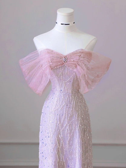 New Arrival A line Off The Shoulder Short Sleeves Pleated Sequin Pink Floor Length Prom Dresses P2300