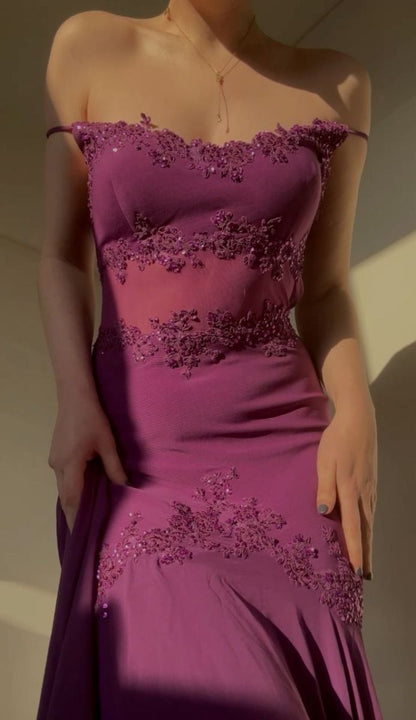 Belle robe de bal en mousseline de soie violette à bretelles spaghetti et perles P2305