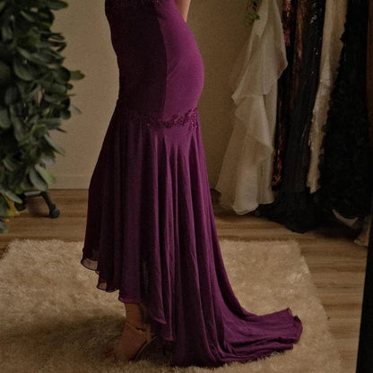 Belle robe de bal en mousseline de soie violette à bretelles spaghetti et perles P2305