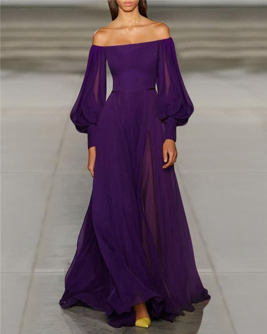 Pretty A Line Off The Shoulder Grape Chiffon Prom Dresses Long Evening Gowns P2309