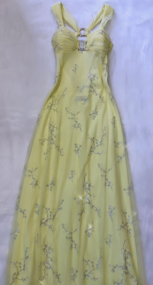 Pretty A Line Straps Yellow Chiffon Prom Dresses Long Evening Gowns P2313