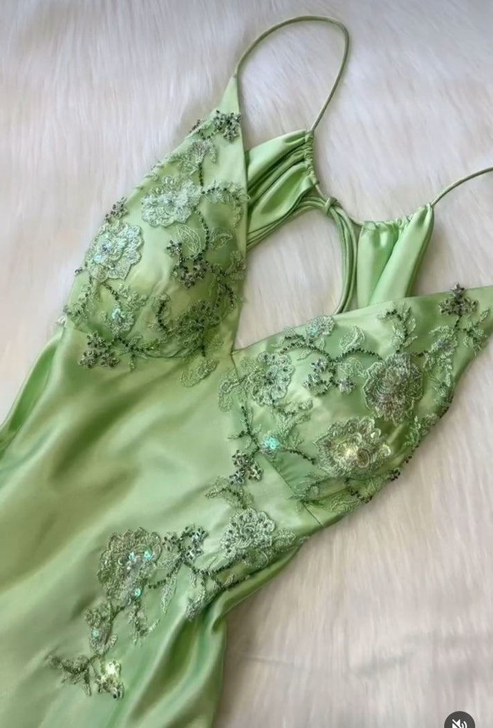 Sexy Spaghetti Straps Green Satin A Line Slit Prom Dress Long Party Dress SP367 main image 0