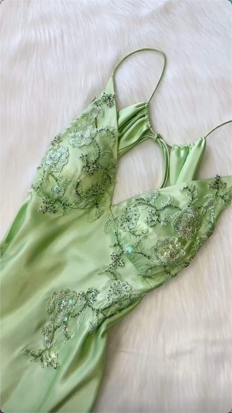 Beautiful A Line Spaghetti Straps Green Long Prom Dresses Backless Satin Evening Gowns P2314