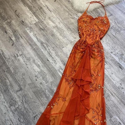 Wunderschönes orangefarbenes Chiffon-Ballkleid in A-Linie mit Spaghettiträgern und Perlen P2317