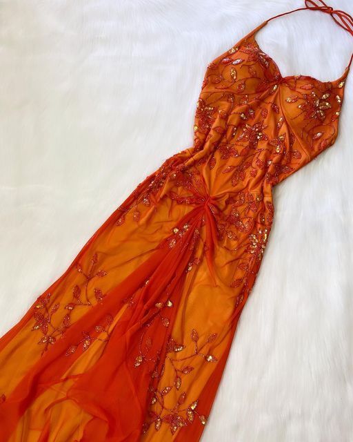 Beautiful A line Spaghetti Straps Orange Chiffon Prom Dress With Beads – PreppyDress