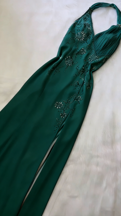 Pretty A Line Halter Blue Slit Chiffon Prom Dresses Long Evening Gowns P2319