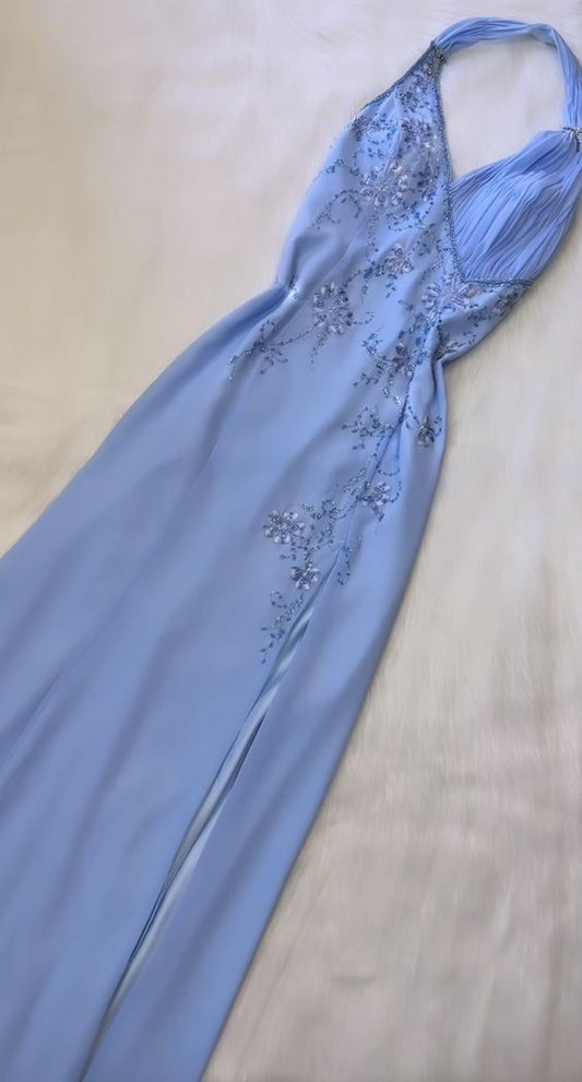 Pretty A Line Halter Blue Slit Chiffon Prom Dresses Long Evening Gowns P2319