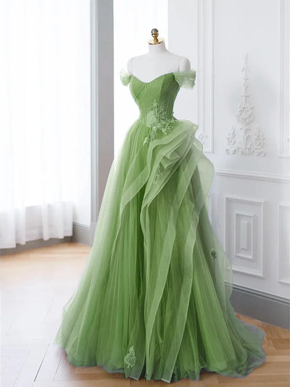 slim fit dress slacks Green Tulle A-line Off Shoulder Lace Appliques Prom Dresses With Slit, MP735 main image 1