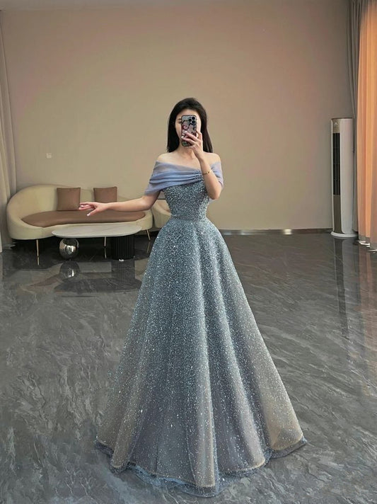 Modest Ball Gown Off The Shoulder Sequin Long Party Dress Gray Prom Dress P2325