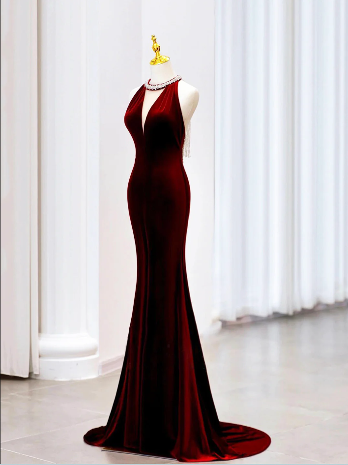 Modest Mermaid Scoop Neckline Burgundy Velvet Long Party Dress Prom Dr – PreppyDress