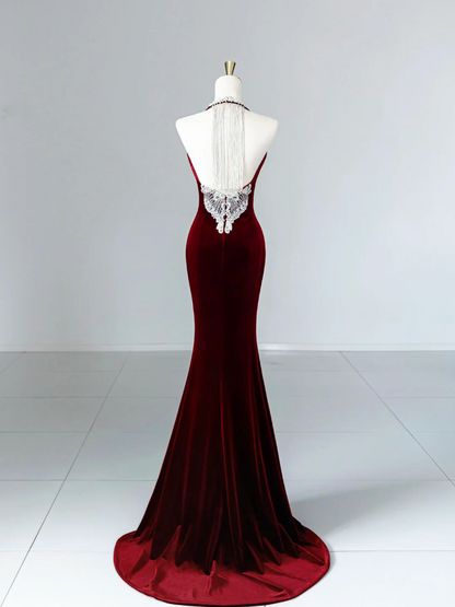 Modest Mermaid Scoop Neckline Burgundy Velvet Long Party Dress Prom Dress  P2333 - AS PHOTO / US2