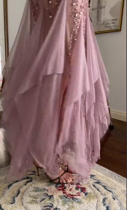 Bescheidenes Meerjungfrauen-Kleid mit V-Ausschnitt aus rosa Chiffon und Rüschen, langes Partykleid, Ballkleider P2336