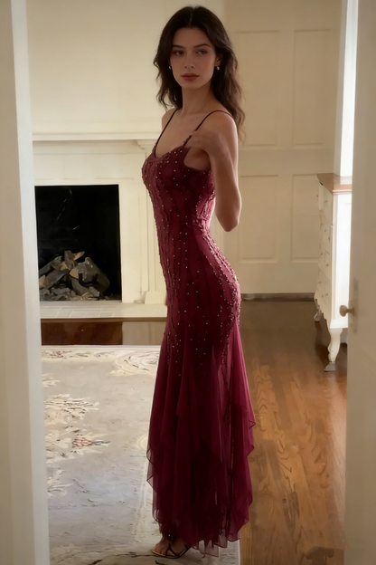 Bescheidenes Meerjungfrauen-Kleid mit V-Ausschnitt aus rosa Chiffon und Rüschen, langes Partykleid, Ballkleider P2336