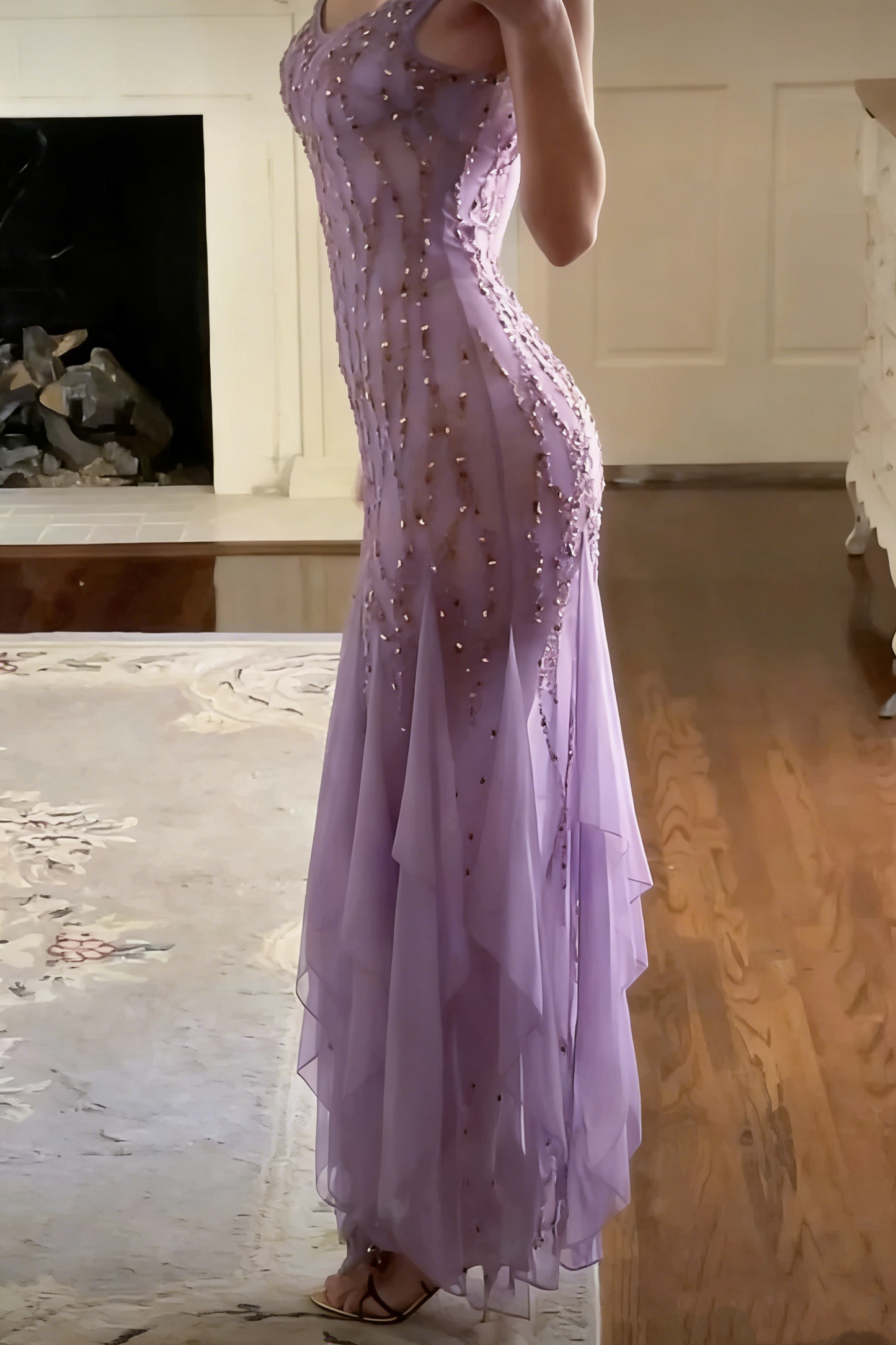 Bescheidenes Meerjungfrauen-Kleid mit V-Ausschnitt aus rosa Chiffon und Rüschen, langes Partykleid, Ballkleider P2336