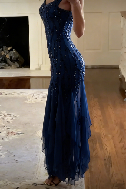 Bescheidenes Meerjungfrauen-Kleid mit V-Ausschnitt aus rosa Chiffon und Rüschen, langes Partykleid, Ballkleider P2336