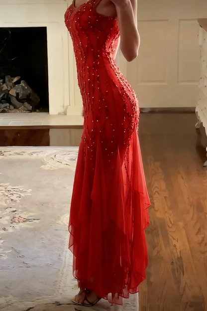 Bescheidenes Meerjungfrauen-Kleid mit V-Ausschnitt aus rosa Chiffon und Rüschen, langes Partykleid, Ballkleider P2336