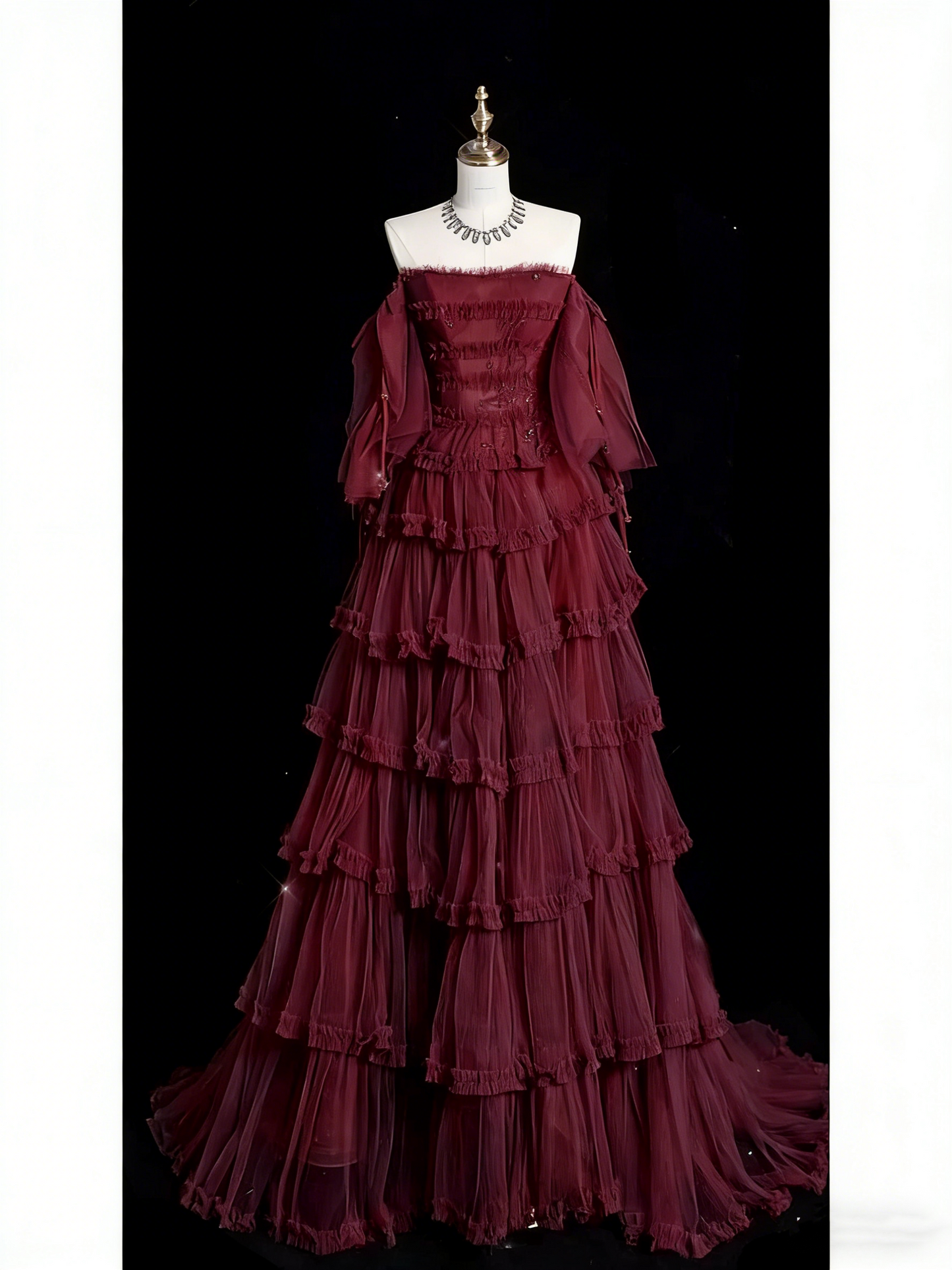 Elegantes Ballkleid schulterfrei Langarm Abendkleid Tüll Lange Ballkleider P2340