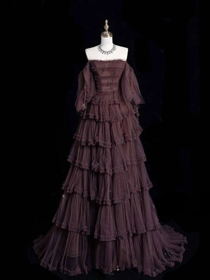 Elegantes Ballkleid schulterfrei Langarm Abendkleid Tüll Lange Ballkleider P2340