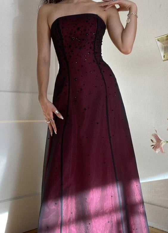 Modest A Line Strapless Burgundy Tulle Beads Long Party Dress Prom Dre
