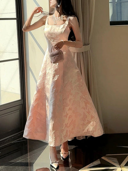 Hübsches A-Linien-Abendkleid aus rosa Spitze und Satin mit Spaghettiträgern P2350