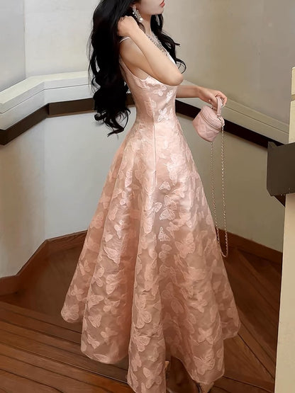 Hübsches A-Linien-Abendkleid aus rosa Spitze und Satin mit Spaghettiträgern P2350