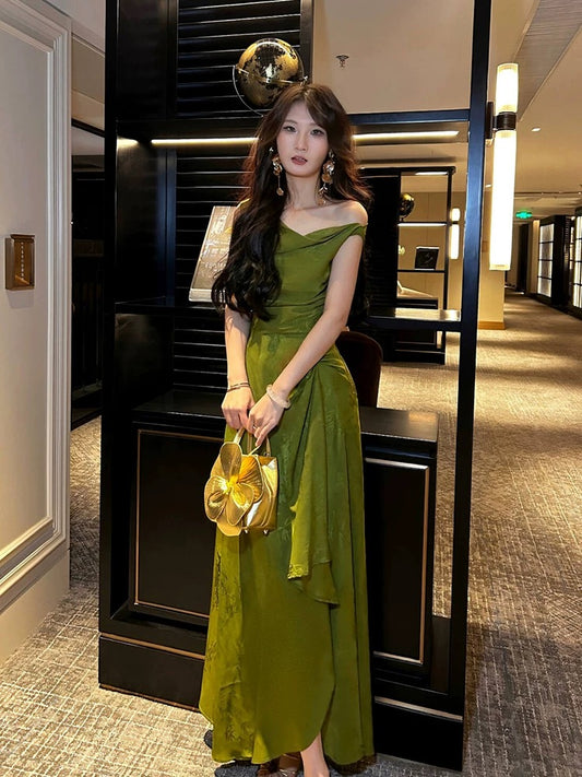 Pretty A line Off The Shoulder Satin Green Long Prom Dresses Satin Evening Gowns P2351