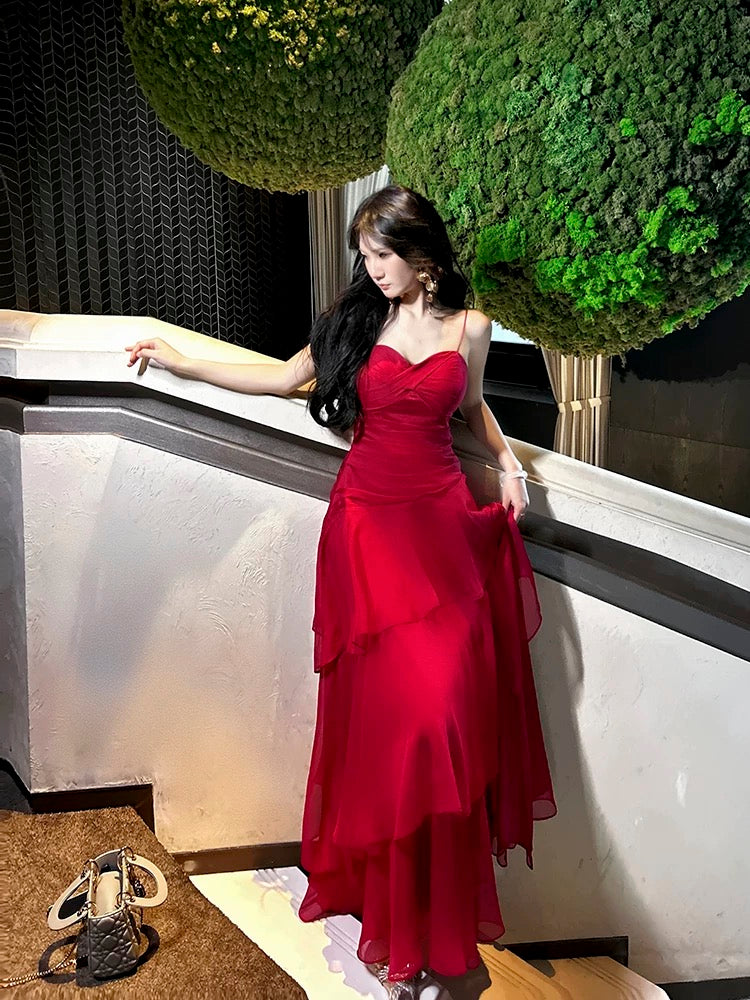 Pretty Sheath Spaghetti Straps Red Long Length Chiffon Prom Dresses Ev – PreppyDress