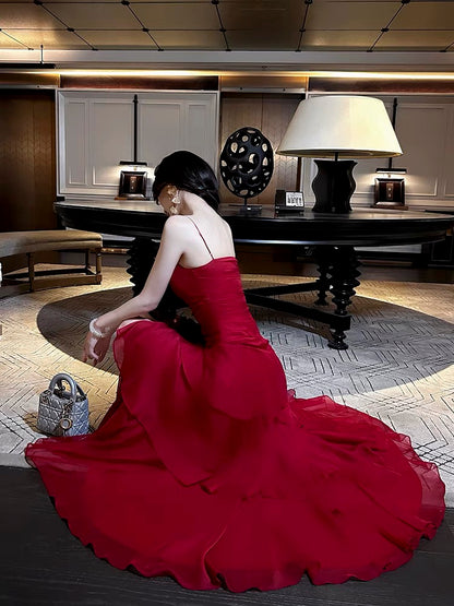 Elegantes Etui Spaghetti-Träger Rot Lang Chiffon Abschlussballkleid Abendkleid Geburtstagskleid P2353