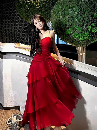 Elegantes Etui Spaghetti-Träger Rot Lang Chiffon Abschlussballkleid Abendkleid Geburtstagskleid P2353