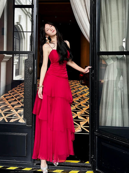 Elegantes Etui Spaghetti-Träger Rot Lang Chiffon Abschlussballkleid Abendkleid Geburtstagskleid P2353
