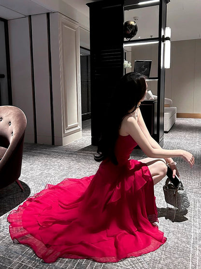 Elegantes Etui Spaghetti-Träger Rot Lang Chiffon Abschlussballkleid Abendkleid Geburtstagskleid P2353