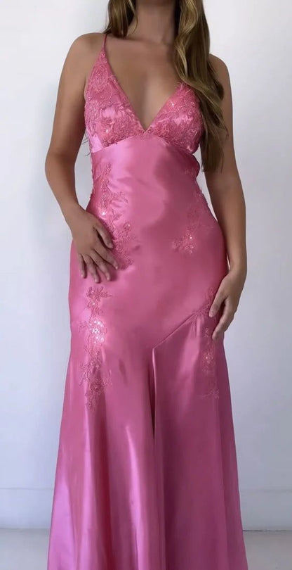 Schickes Meerjungfrauen-Abendkleid aus rosa Satin mit Spaghettiträgern, langes Ballkleid P2360