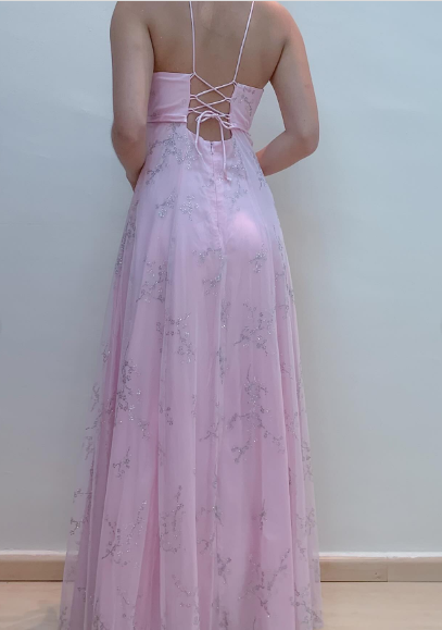 Robe de Soirée en Mousseline Rose Coupe Droite Col V Chic Longue pour Bal de Promo P2363