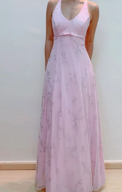 Robe de Soirée en Mousseline Rose Coupe Droite Col V Chic Longue pour Bal de Promo P2363