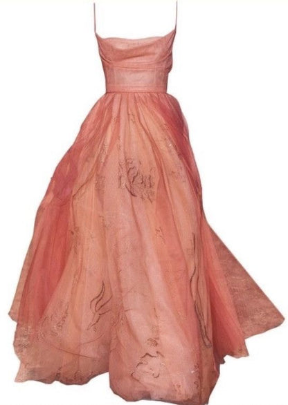Wunderschönes A-Linien-Abendkleid in Orange mit Spaghettiträgern, bodenlang aus Tüll für den Abschlussball P2378