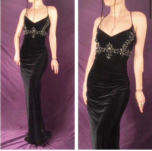 Pretty Mermaid Spaghetti Straps Black Floor Length Evening Dress Velvet Prom Dresses P2385