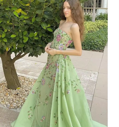 Pretty Sheath Strapless Green Floor Length Evening Dress Organza Prom –  PreppyDress