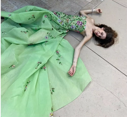 Pretty Sheath Strapless Green Floor Length Evening Dress Organza Prom   PreppyDress